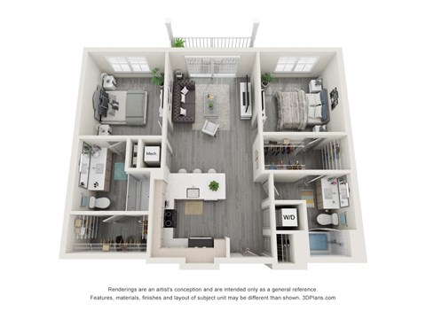 Floor plan for 2 beds, 2 baths, 1028 sqft